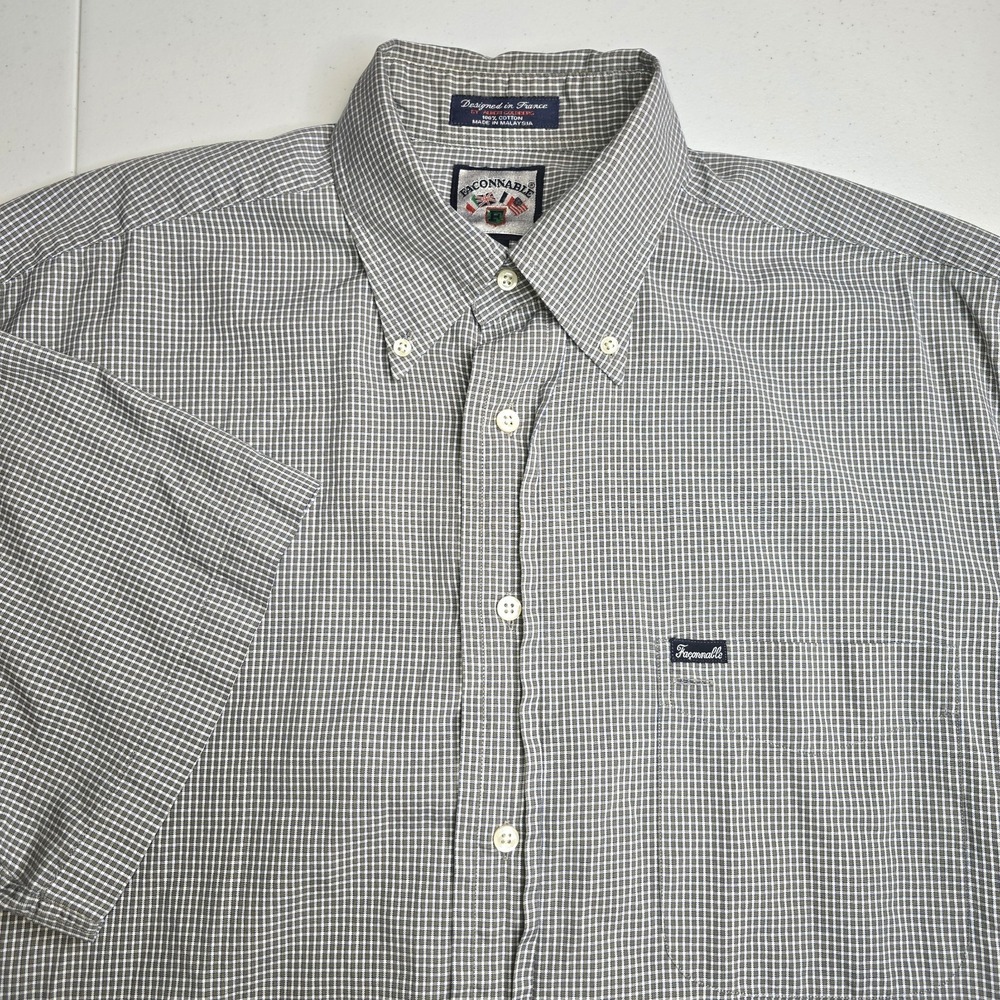 FACONNABLE Men's Large Gray White Blue Check Size Large Short Sleeve‎ -1029